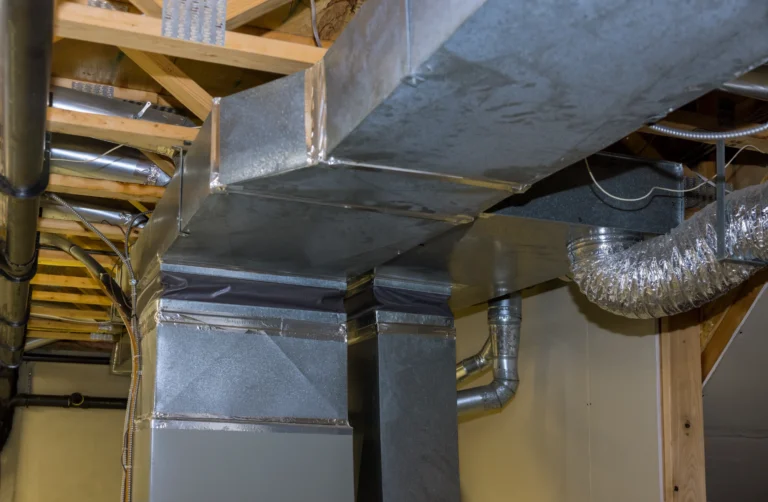 Sheet metal commercial ductwork with sealed joints and insulation showing proper installation technique