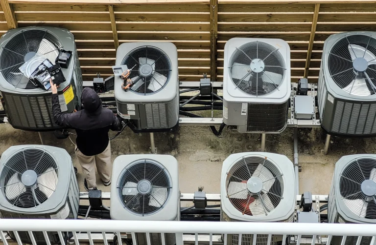 A technician servicing one of several commercial HVAC condenser units on a Midland TX business rooftop