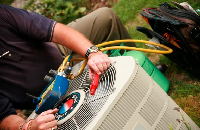 Technician using refrigerant gauges to diagnose a residential AC unit in Midland TX