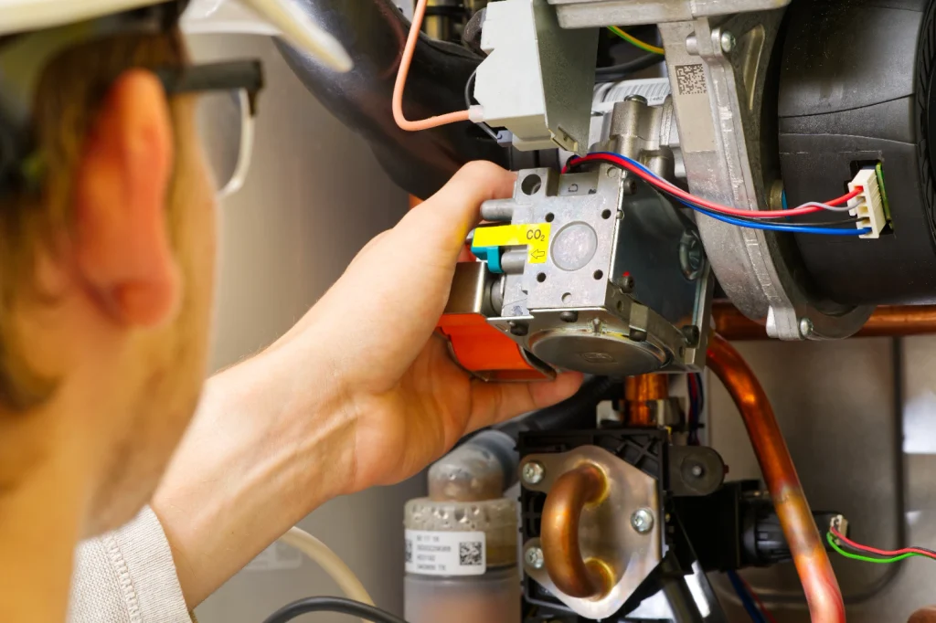 HVAC technician adjusting the CO2 setting on a boiler gas valve during combustion tuning