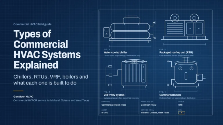 Blueprint style diagram of four commercial HVAC system types: water-cooled chiller, packaged rooftop unit, VRF system, and commercial boiler