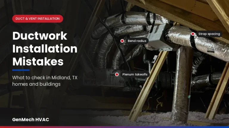 Ductwork installation mistakes guide showing attic flex duct with callouts for bend radius, strap spacing, and plenum takeoffs