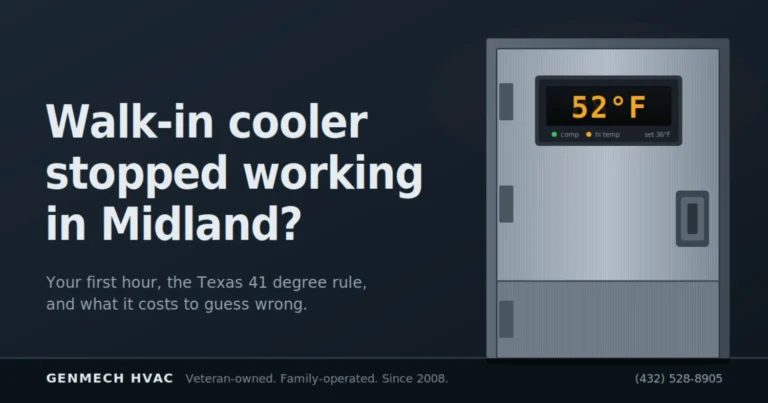 Walk-in cooler door with a temperature controller reading 52°F and the high temp alarm lit, illustrating a commercial cooler that stopped working in Midland, TX.