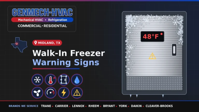 Frosted commercial walk-in freezer door with high temperature warning and refrigeration warning sign icons