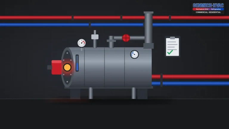 Illustration of a commercial boiler with pressure gauges, a safety relief valve, piping and a completed inspection checklist